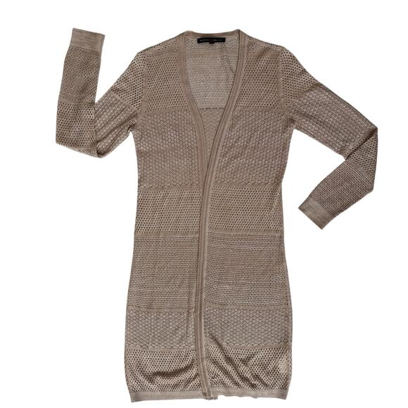 White House Black Market Long Open Cardigan Small Beige Pointelle Open Knit READ - Picture 2 of 13
